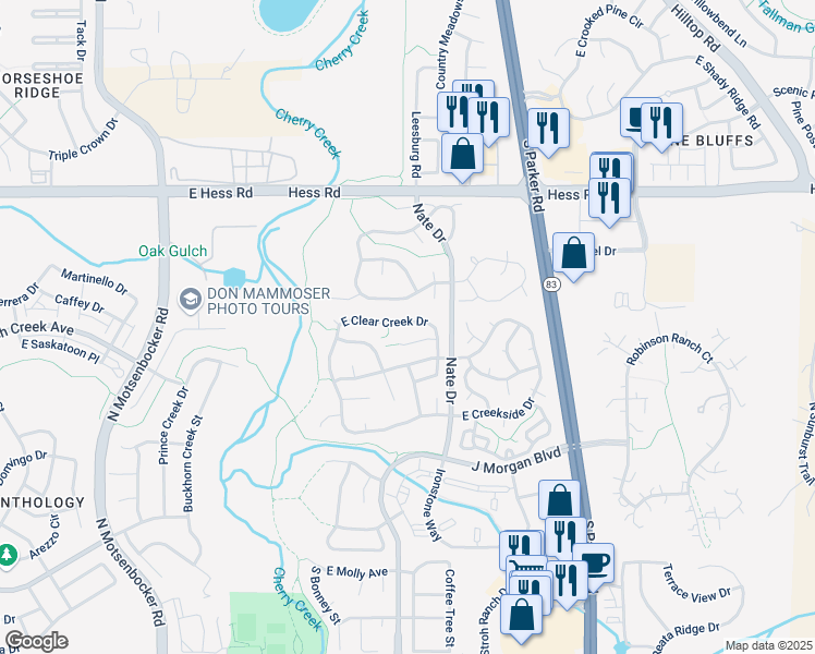 map of restaurants, bars, coffee shops, grocery stores, and more near 19292 East Clear Creek Drive in Parker