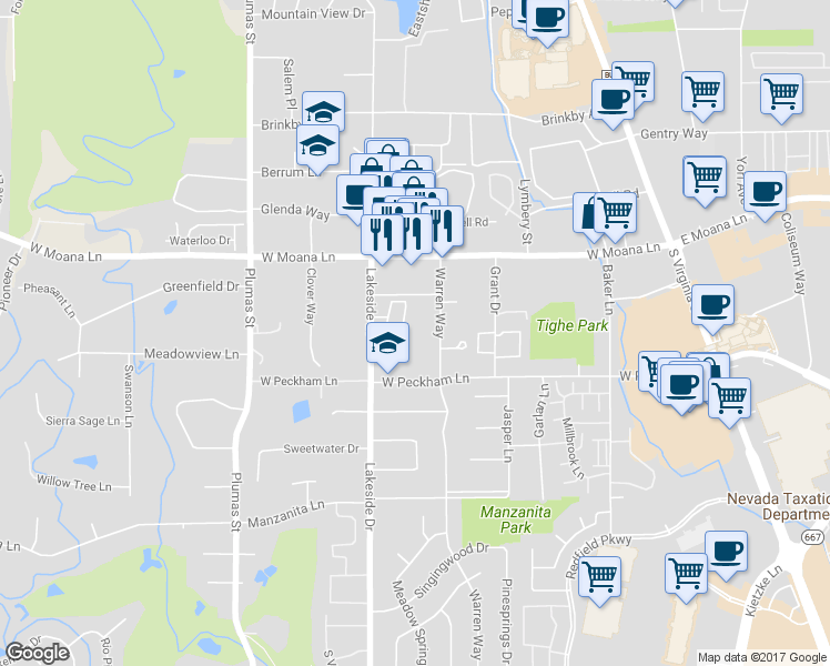 map of restaurants, bars, coffee shops, grocery stores, and more near 3675 Warren Way in Reno