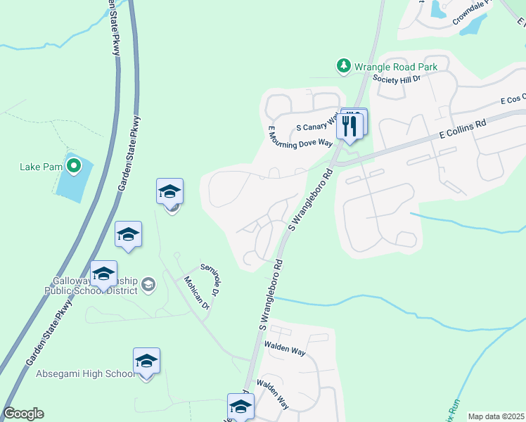 map of restaurants, bars, coffee shops, grocery stores, and more near 165 South Wrangleboro Road in Galloway