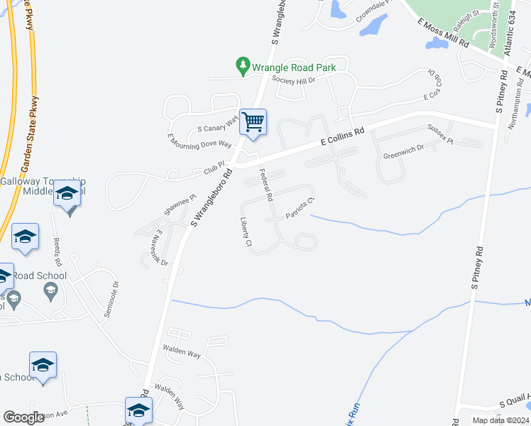 map of restaurants, bars, coffee shops, grocery stores, and more near 101 Federal Court in Galloway