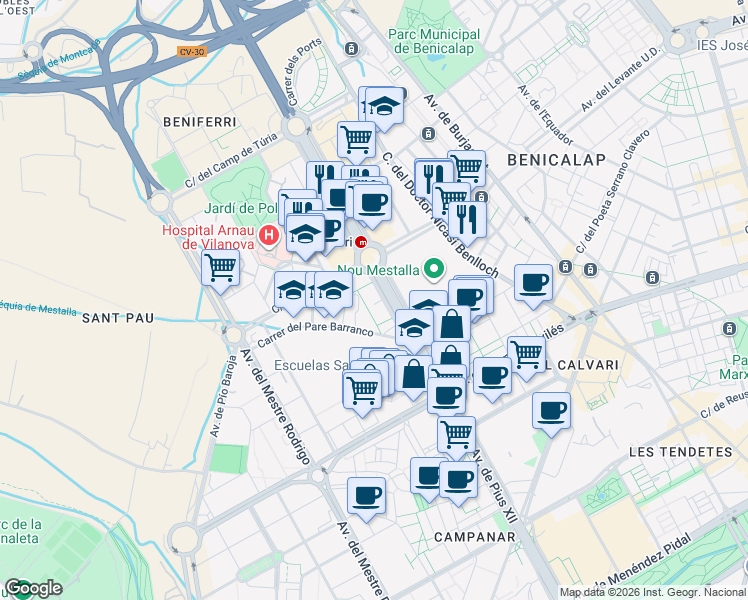 map of restaurants, bars, coffee shops, grocery stores, and more near 15 Avinguda de les Corts Valencianes in València