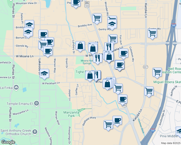 map of restaurants, bars, coffee shops, grocery stores, and more near 3701 Baker Lane in Reno