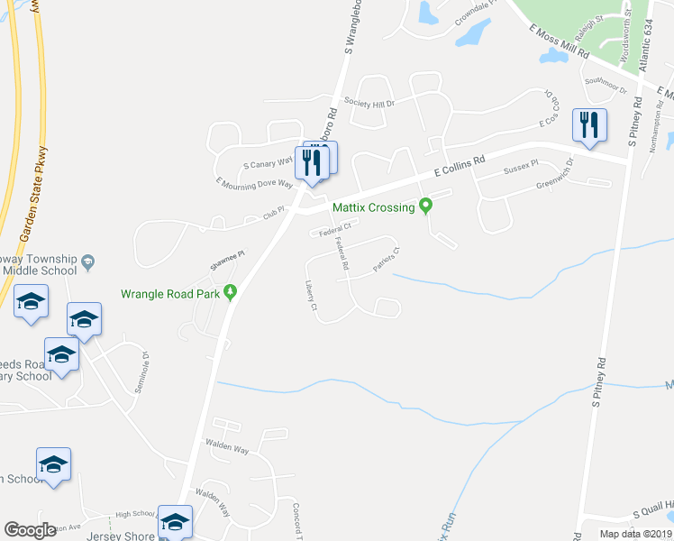 map of restaurants, bars, coffee shops, grocery stores, and more near 185 Colonial Court in Absecon