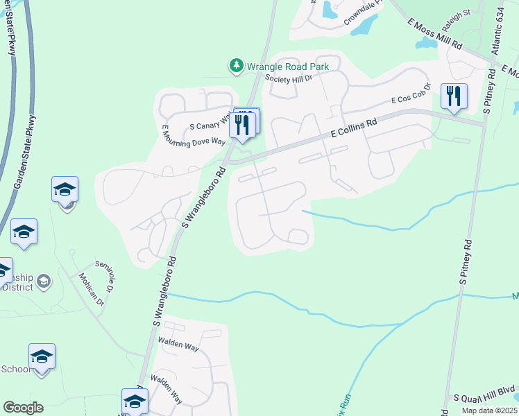 map of restaurants, bars, coffee shops, grocery stores, and more near 18 Colonial Court in Galloway