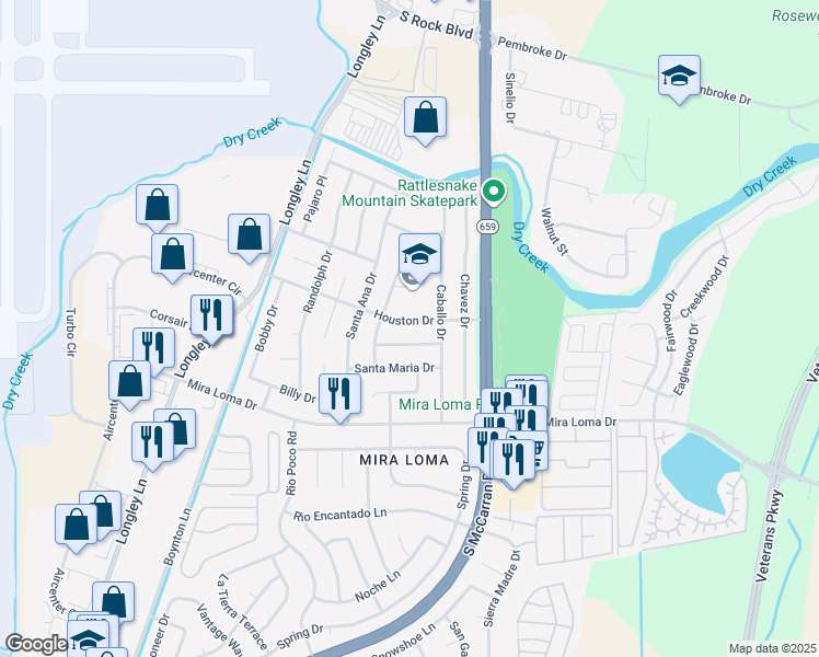 map of restaurants, bars, coffee shops, grocery stores, and more near 4340 Houston Drive in Reno