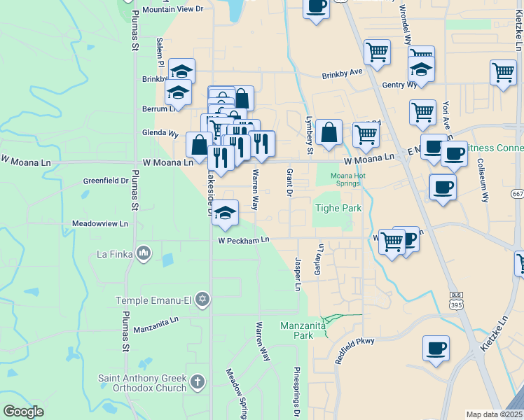 map of restaurants, bars, coffee shops, grocery stores, and more near 3690 Warren Way in Reno