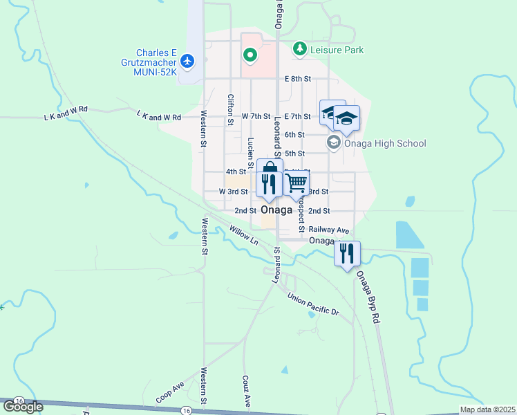 map of restaurants, bars, coffee shops, grocery stores, and more near 116 West 2nd Street in Onaga
