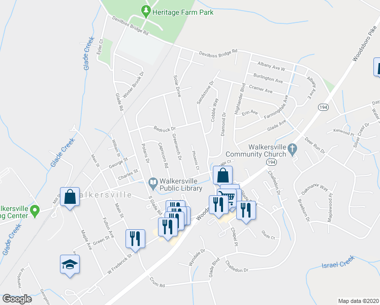 map of restaurants, bars, coffee shops, grocery stores, and more near 115 Phoenix Court in Walkersville