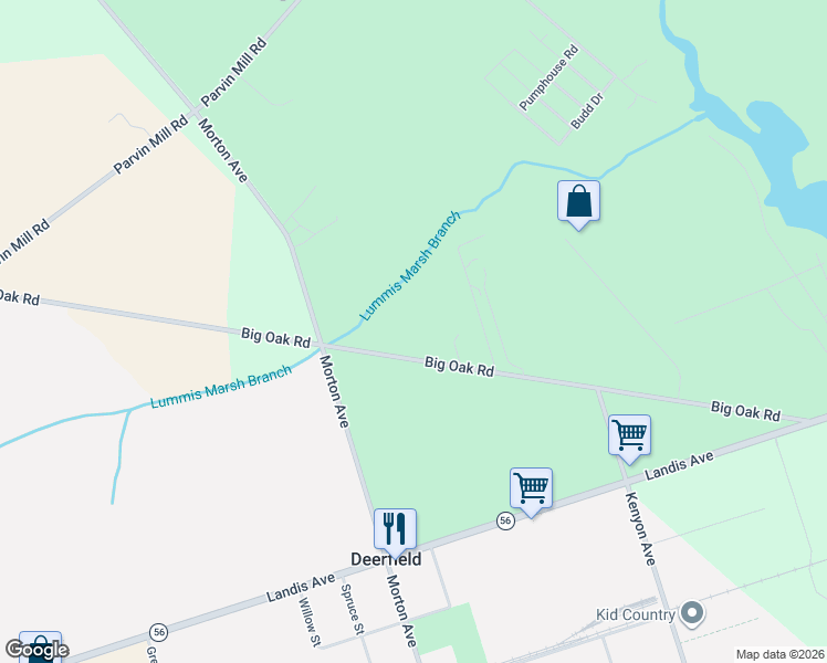 map of restaurants, bars, coffee shops, grocery stores, and more near 744 Big Oak Road in Bridgeton