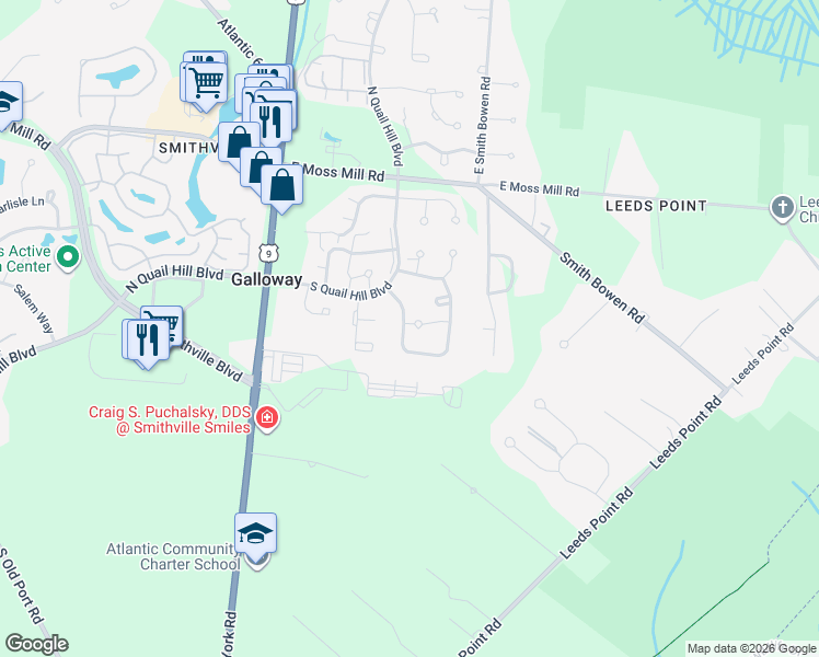 map of restaurants, bars, coffee shops, grocery stores, and more near 723 Ravenwood Drive in Galloway