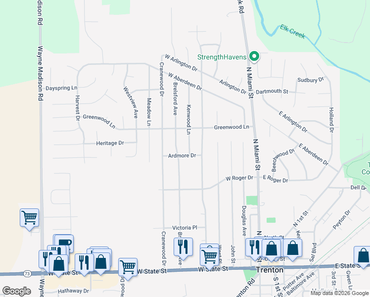 map of restaurants, bars, coffee shops, grocery stores, and more near 423 Kenwood Lane in Trenton