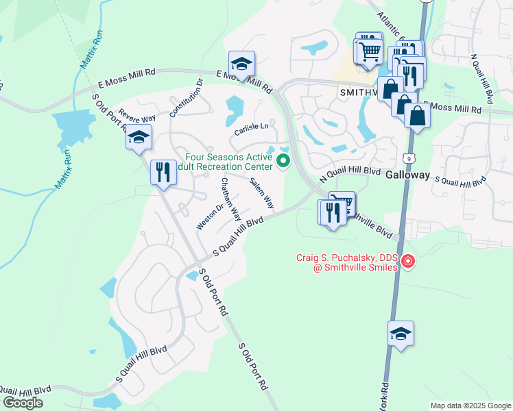 map of restaurants, bars, coffee shops, grocery stores, and more near 551 Newbury Court in Galloway