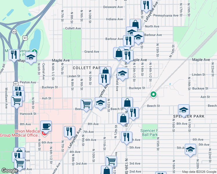 map of restaurants, bars, coffee shops, grocery stores, and more near 1151 Buckeye Street in Terre Haute