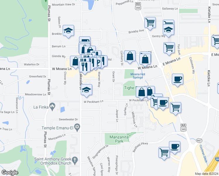 map of restaurants, bars, coffee shops, grocery stores, and more near 3665 Grant Drive in Reno