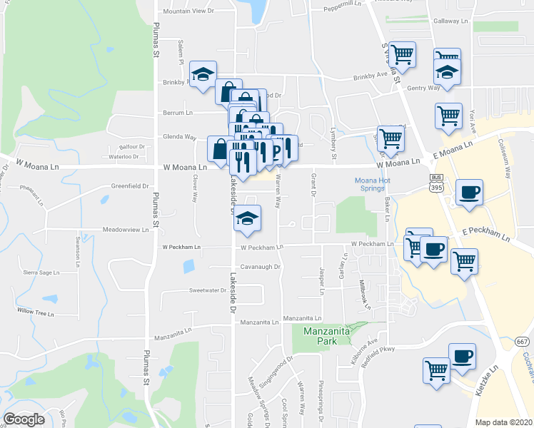 map of restaurants, bars, coffee shops, grocery stores, and more near 3675 Warren Way in Reno