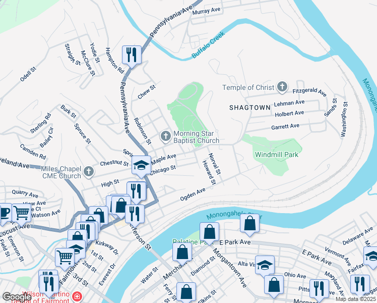 map of restaurants, bars, coffee shops, grocery stores, and more near 321-377 Maple Avenue in Fairmont