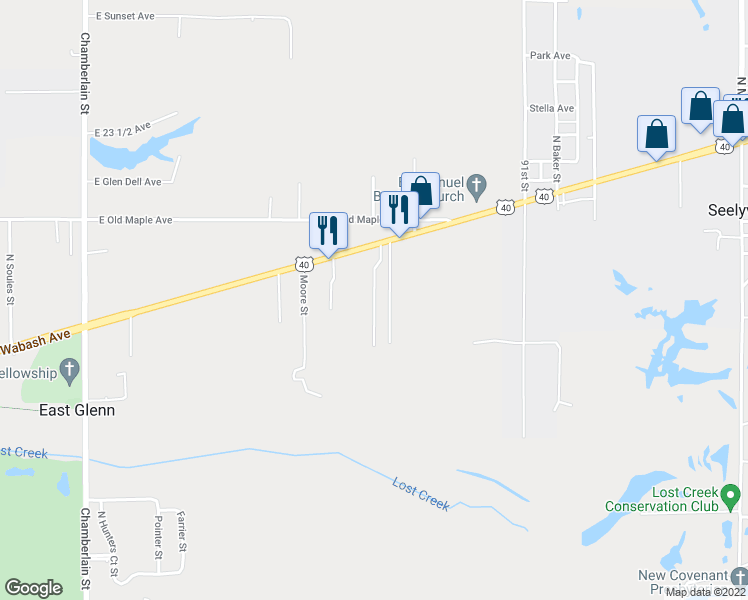 map of restaurants, bars, coffee shops, grocery stores, and more near 8613 Wabash Avenue in Terre Haute