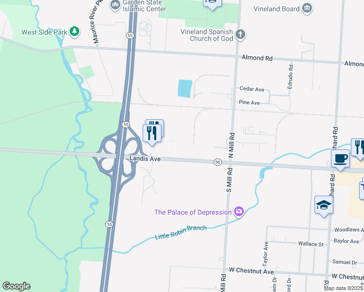 map of restaurants, bars, coffee shops, grocery stores, and more near 2134 New Jersey 56 in Vineland