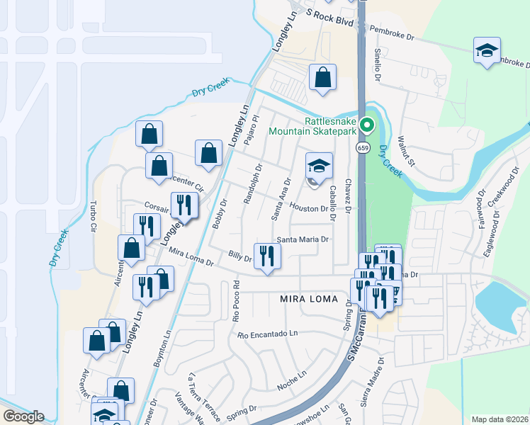 map of restaurants, bars, coffee shops, grocery stores, and more near 2934 South Escondido Court in Reno