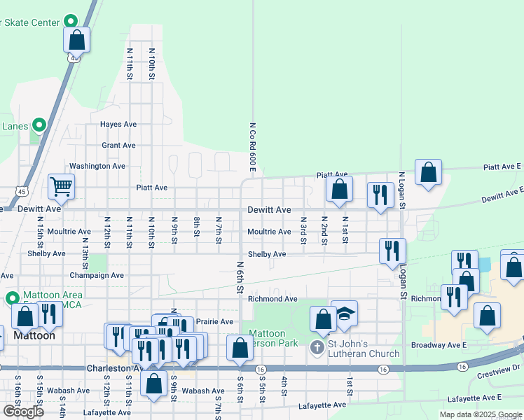 map of restaurants, bars, coffee shops, grocery stores, and more near 501 Dewitt Avenue in Mattoon