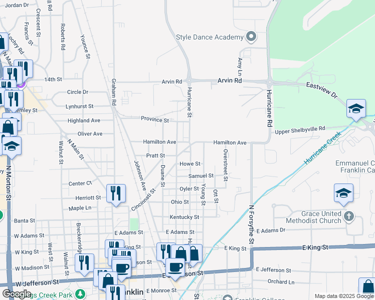 map of restaurants, bars, coffee shops, grocery stores, and more near 898 Hurricane Street in Franklin