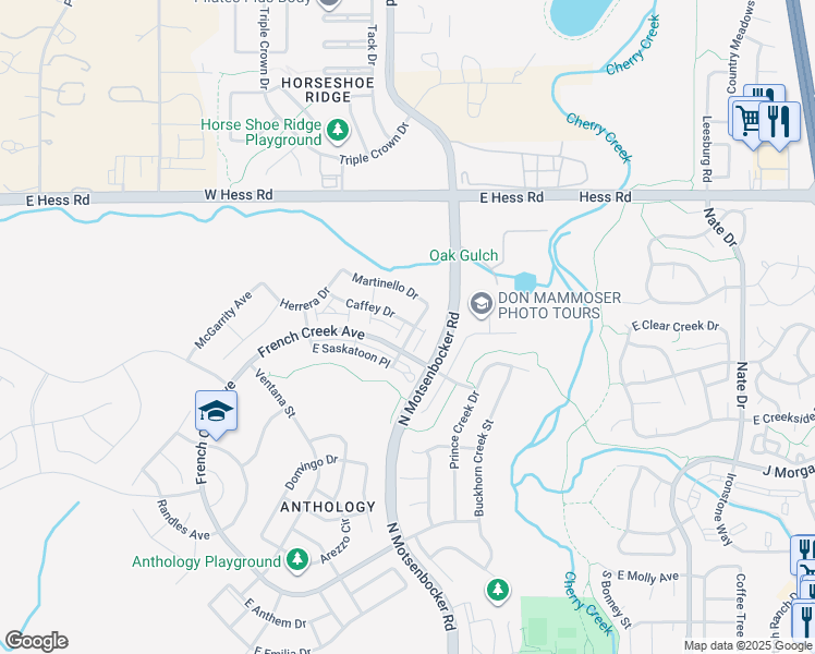 map of restaurants, bars, coffee shops, grocery stores, and more near 18266 French Creek Avenue in Parker