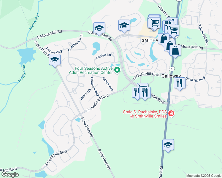 map of restaurants, bars, coffee shops, grocery stores, and more near 551 Newbury Court in Galloway
