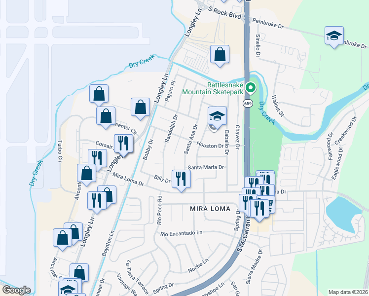 map of restaurants, bars, coffee shops, grocery stores, and more near 2934 South Escondido Court in Reno