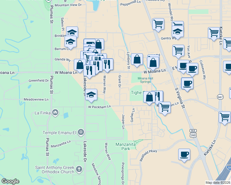 map of restaurants, bars, coffee shops, grocery stores, and more near 3667 Grant Drive in Reno