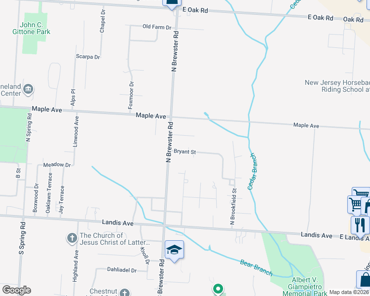 map of restaurants, bars, coffee shops, grocery stores, and more near 2742 Bryant Street in Vineland