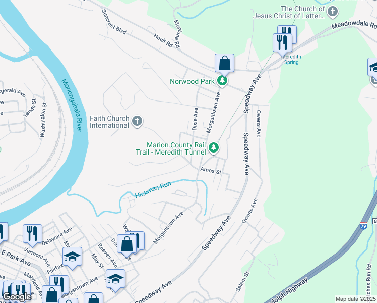 map of restaurants, bars, coffee shops, grocery stores, and more near 1808 Dixie Ave in Fairmont