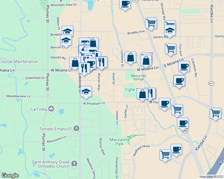 map of restaurants, bars, coffee shops, grocery stores, and more near 3665 Grant Drive in Reno