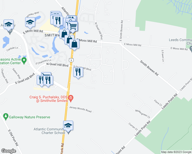 map of restaurants, bars, coffee shops, grocery stores, and more near 804 East Eagle Point Place in Galloway