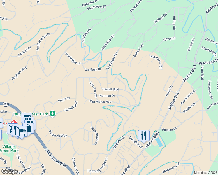 map of restaurants, bars, coffee shops, grocery stores, and more near 3390 Marthiam Avenue in Reno