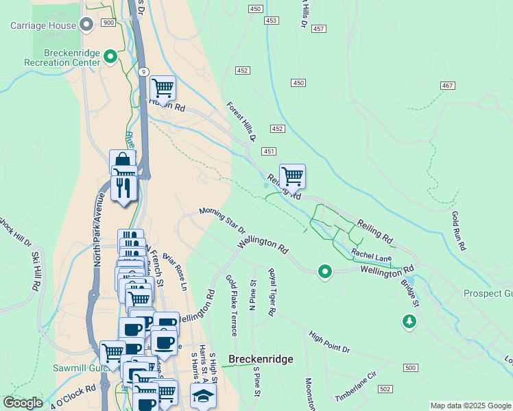 map of restaurants, bars, coffee shops, grocery stores, and more near 531 Corkscrew Drive in Breckenridge