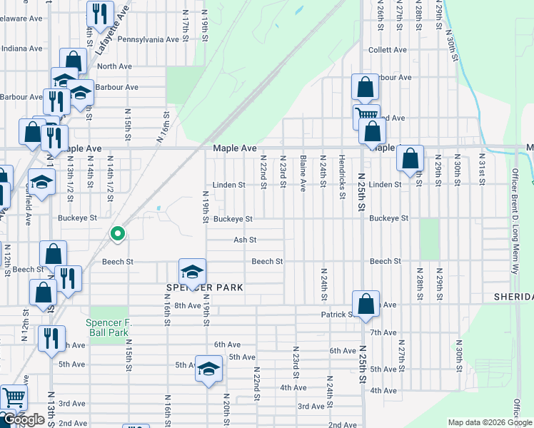 map of restaurants, bars, coffee shops, grocery stores, and more near 2003 North 21st Street in Terre Haute