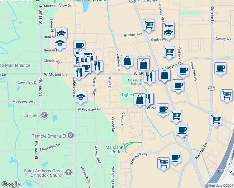 map of restaurants, bars, coffee shops, grocery stores, and more near 3680 Grant Drive in Reno