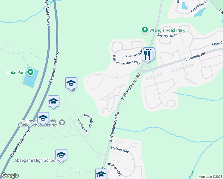 map of restaurants, bars, coffee shops, grocery stores, and more near 165 South Wrangleboro Road in Galloway