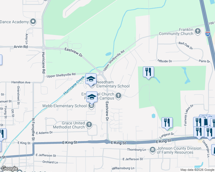 map of restaurants, bars, coffee shops, grocery stores, and more near 3513 Eastview Drive in Franklin