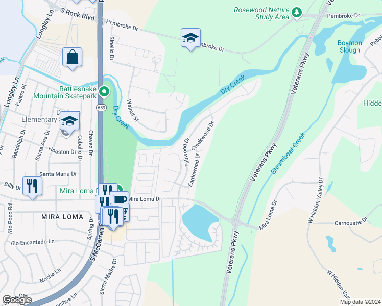 map of restaurants, bars, coffee shops, grocery stores, and more near 3170 Creekwood Drive in Reno