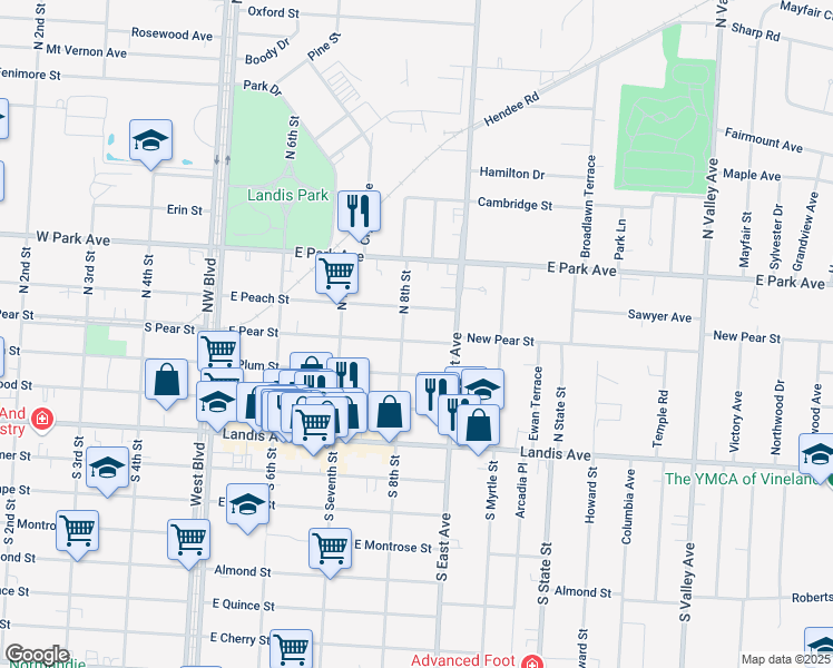 map of restaurants, bars, coffee shops, grocery stores, and more near 808 East Pear Street in Vineland