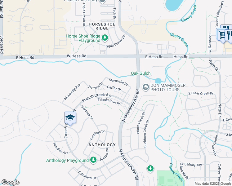 map of restaurants, bars, coffee shops, grocery stores, and more near 18188 French Creek Avenue in Parker