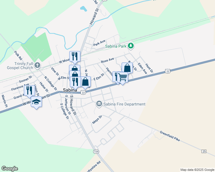 map of restaurants, bars, coffee shops, grocery stores, and more near 303 East Washington Street in Sabina
