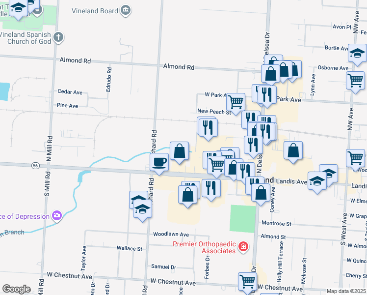 map of restaurants, bars, coffee shops, grocery stores, and more near 1270 West Landis Avenue in Vineland