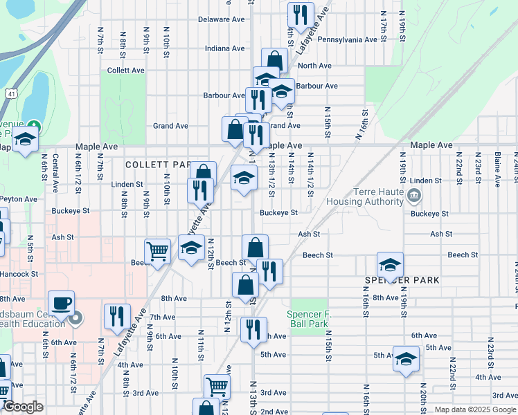map of restaurants, bars, coffee shops, grocery stores, and more near 2005 North 13th Street in Terre Haute