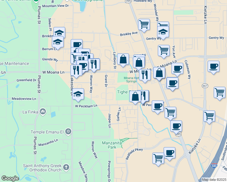map of restaurants, bars, coffee shops, grocery stores, and more near 3680 Grant Drive in Reno
