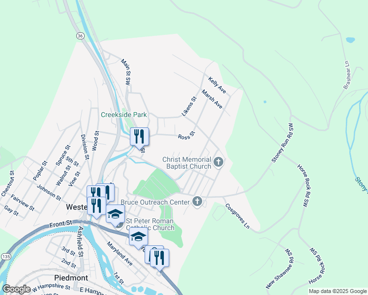 map of restaurants, bars, coffee shops, grocery stores, and more near 210 Quality Street in Westernport