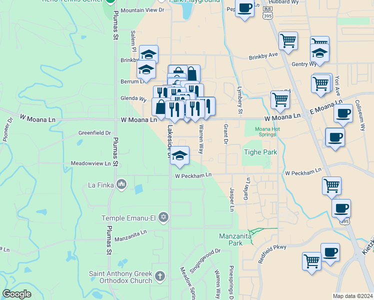 map of restaurants, bars, coffee shops, grocery stores, and more near 3675 Warren Way in Reno
