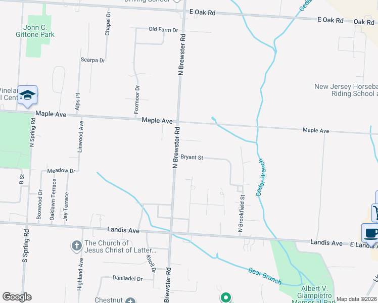 map of restaurants, bars, coffee shops, grocery stores, and more near 2742 Bryant Street in Vineland
