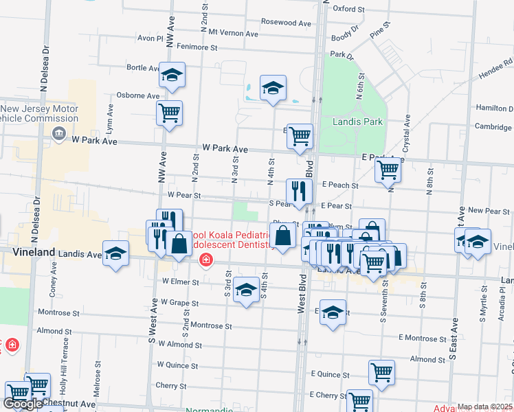 map of restaurants, bars, coffee shops, grocery stores, and more near 216 North 4th Street in Vineland